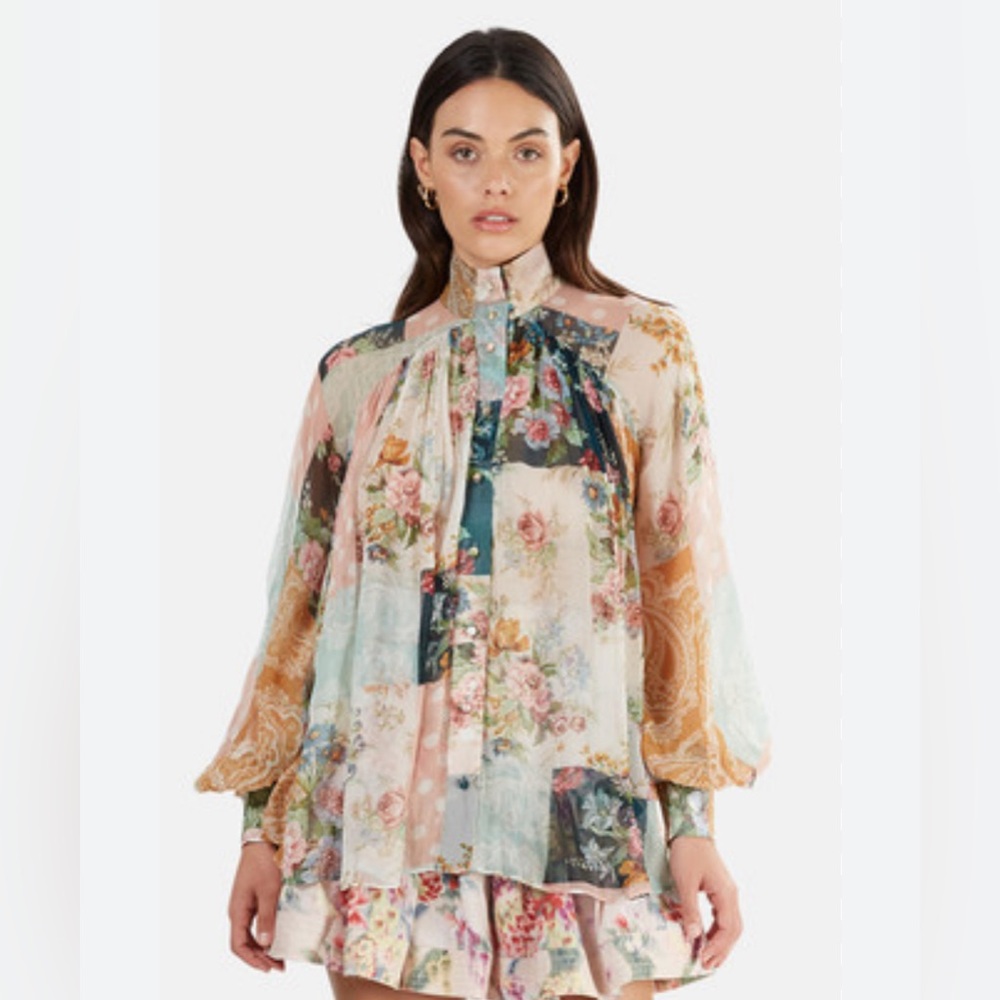 Zimmermann Patchwork Wavelength Floral Silk Blouse 2